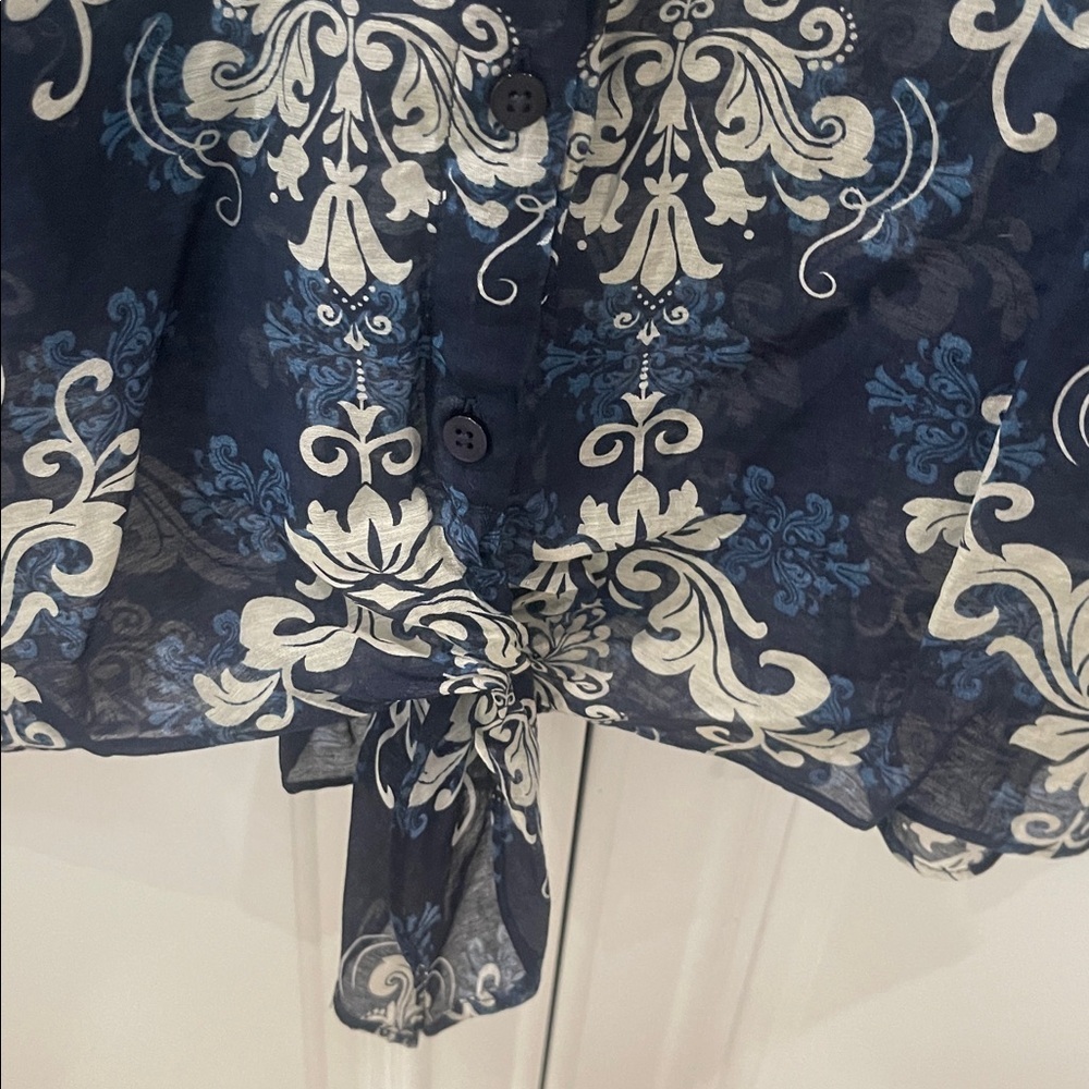 Halogen long sleeve blue sheer paisley button front tie waist top blouse Small - Picture 13 of 16